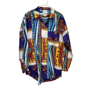 Vintage Unionbay Mens M Tribal Geometric Print Cotton Button‎ Down Shirt Purple
